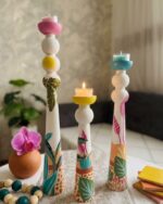 The Botanica Hand-Painted Wooden candle Holders ( set of 3) - Image 2