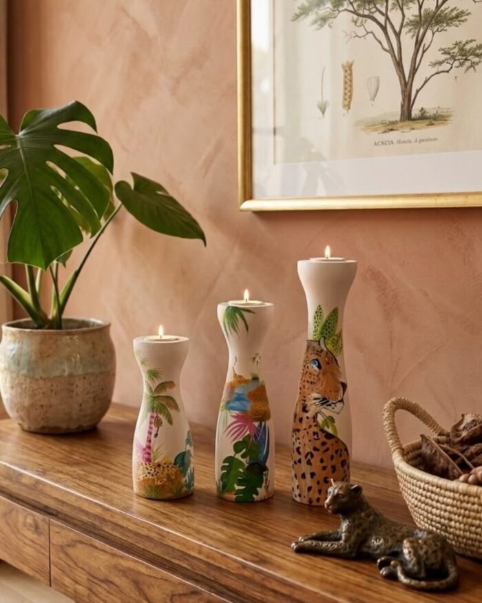 Hand-Painted wooden jungle and Leopard  candle holder ( set of 3) - Image 2