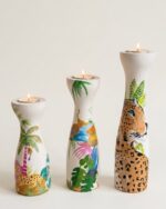 Hand-Painted wooden jungle and Leopard  candle holder ( set of 3)