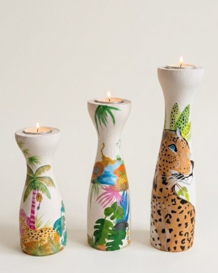 Hand-Painted wooden jungle and Leopard  candle holder ( set of 3)