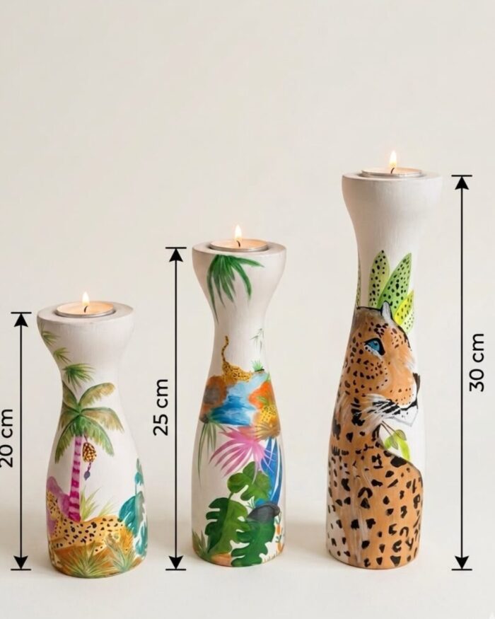 Hand-Painted wooden jungle and Leopard  candle holder ( set of 3) - Image 3