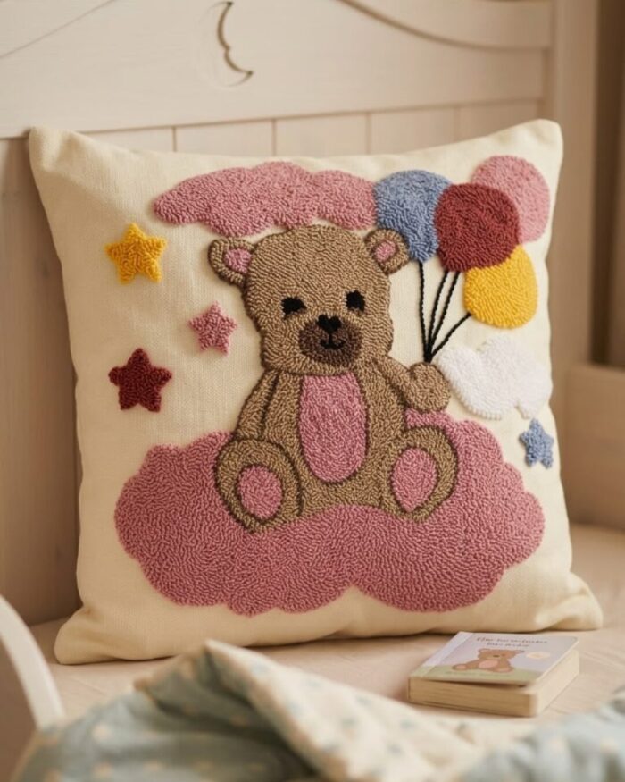 Dreamy Cloud Teddy and Balloon  hand- tufted cushion - Image 2