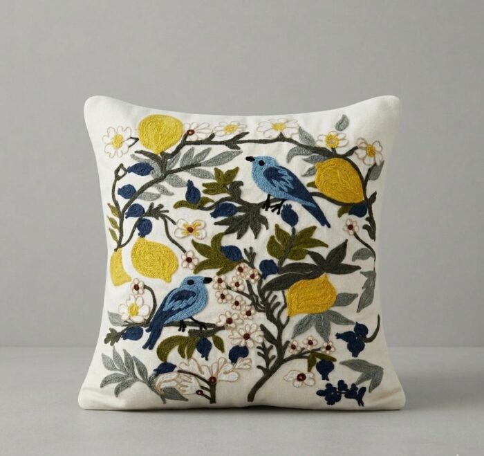 Handmade Embroidered Blue Bird & Lemon Cushion Cover - Image 2