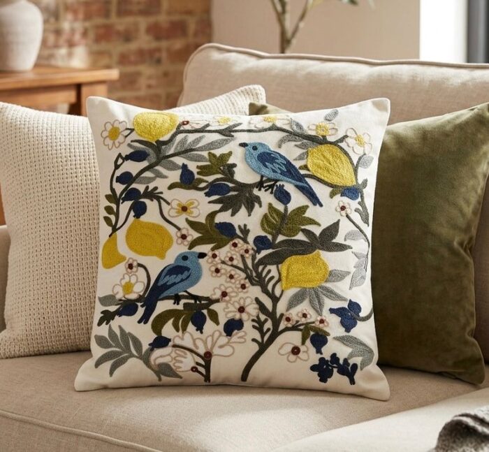 Handmade Embroidered Blue Bird & Lemon Cushion Cover - Image 1
