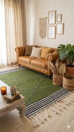 Handwoven Olive Green Kilim Rug – Modern Boho Geometric Wool Rug with Braided Tassels - Image 2