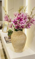 Artificial Pink Magnolia Flower Arrangement in Crystal Glass Vase - Image 4