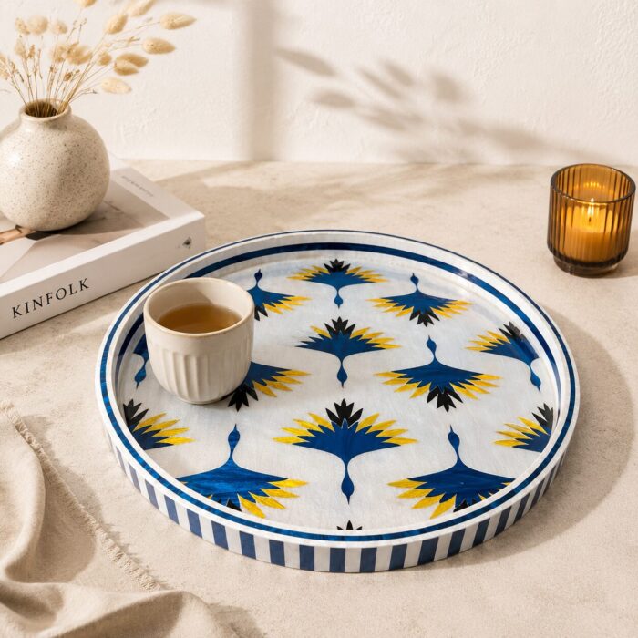Ivory Crane Round Serving Tray – Handmade Mother of Pearl Inlay - Image 1