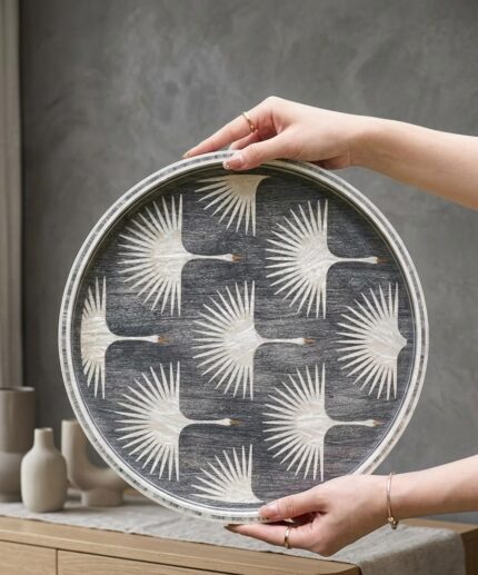 Handmade Mother of Pearl  Gray Round Serving Tray – White Crane Design | 45 cm