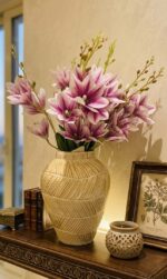Artificial Pink Magnolia Flower Arrangement in Crystal Glass Vase