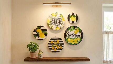 Set of 5 Handmade Wooden Wall Plates | Hand-Painted Lemon Wall Decor | Rustic Farmhouse & Kitchen Wall Art