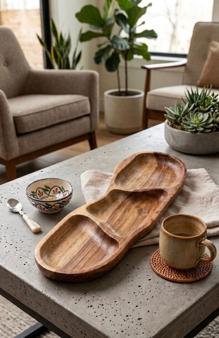Natural Live Edge Wooden Serving Tray - 3-Compartment Handcrafted Snack Platter - Image 4