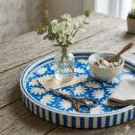 Handcrafted Blue Floral Mother of Pearl Round Serving Tray