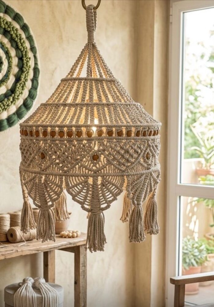 Handmade Macramé Hanging Pendant Lamp Shade – Boho Chic Ceiling Light Décor (50 x 75 cm) - Image 5