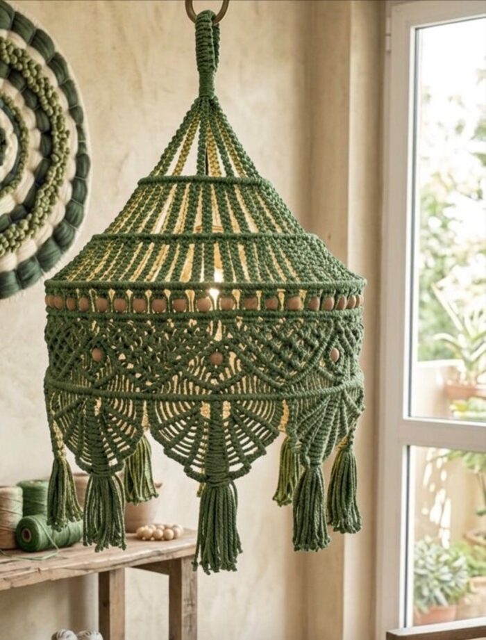 Handmade Macramé Hanging Pendant Lamp Shade – Boho Chic Ceiling Light Décor (50 x 75 cm) - Image 3