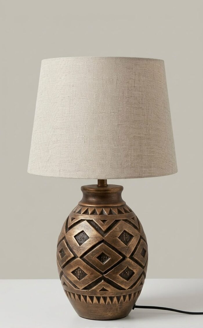 Table Lamp, Bronz Antique Folk Art, Bedside & Living Room, Poetry, Distressed Bronze & White - Image 2