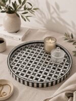 Handcrafted Silver & Black Geometric Tray – Luxury Round Decorative Serving Tray| 45 CM