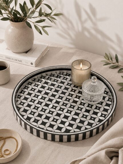 Handcrafted Silver & Black Geometric Tray – Luxury Round Decorative Serving Tray| 45 CM