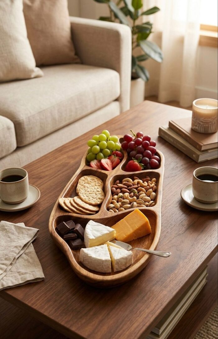 Natural Live Edge Wooden Serving Tray - 5 Compartment Handcrafted Snack Platter - Image 3