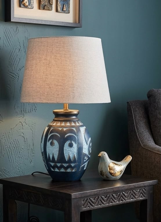 e93e3e30-751d-4d53-8f35-e984ba7d05e5 Table Lamp, Blue Antique Folk Art, Bedside & Living Room, Poetry, Distressed Bronze & White - Image 1