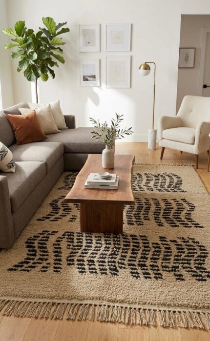 Handmade Moroccan-Inspired Optical Kilim Rug – Ivory & Black