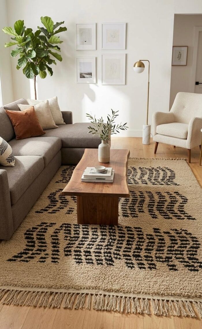 Handmade Moroccan-Inspired Optical Kilim Rug – Ivory & Black - Image 1