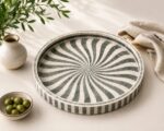 Handcrafted Round Mother of Pearl Serving Tray – Black & White Swirl Decorative Tray for Coffee Table & Home Décor