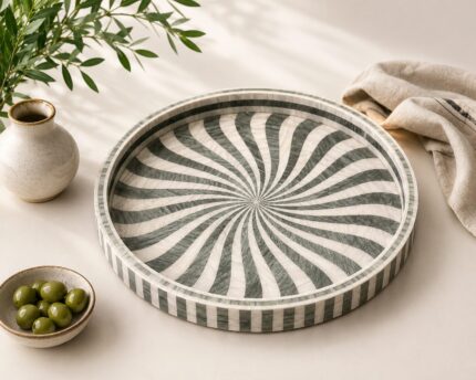 Handcrafted Round Mother of Pearl Serving Tray – Black & White Swirl Decorative Tray for Coffee Table & Home Décor