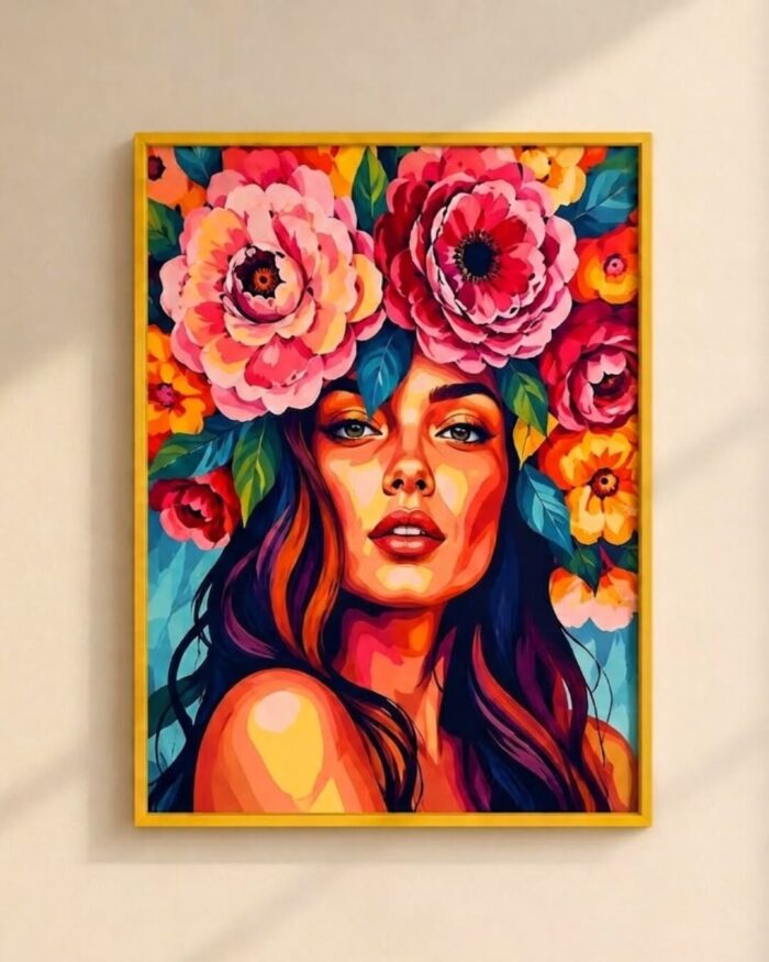 Boho Flower Crown Woman Portrait Printed Framed  Fabric Art - Image 1