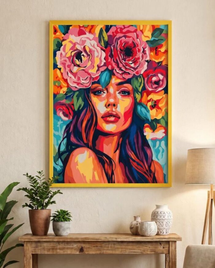 Boho Flower Crown Woman Portrait Printed Framed  Fabric Art - Image 2