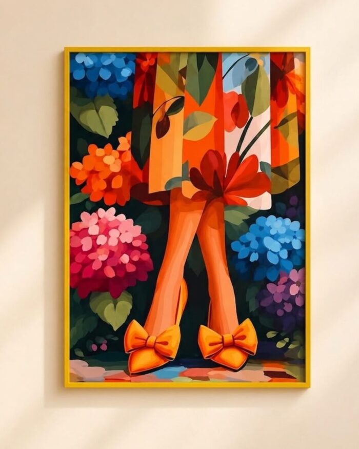 Vibrant Yellow Bow Shoes and Bright Florals Fabric printed wall art - Image 1