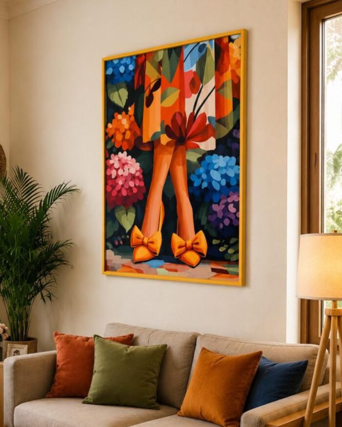 Vibrant Yellow Bow Shoes and Bright Florals Fabric printed wall art - Image 2