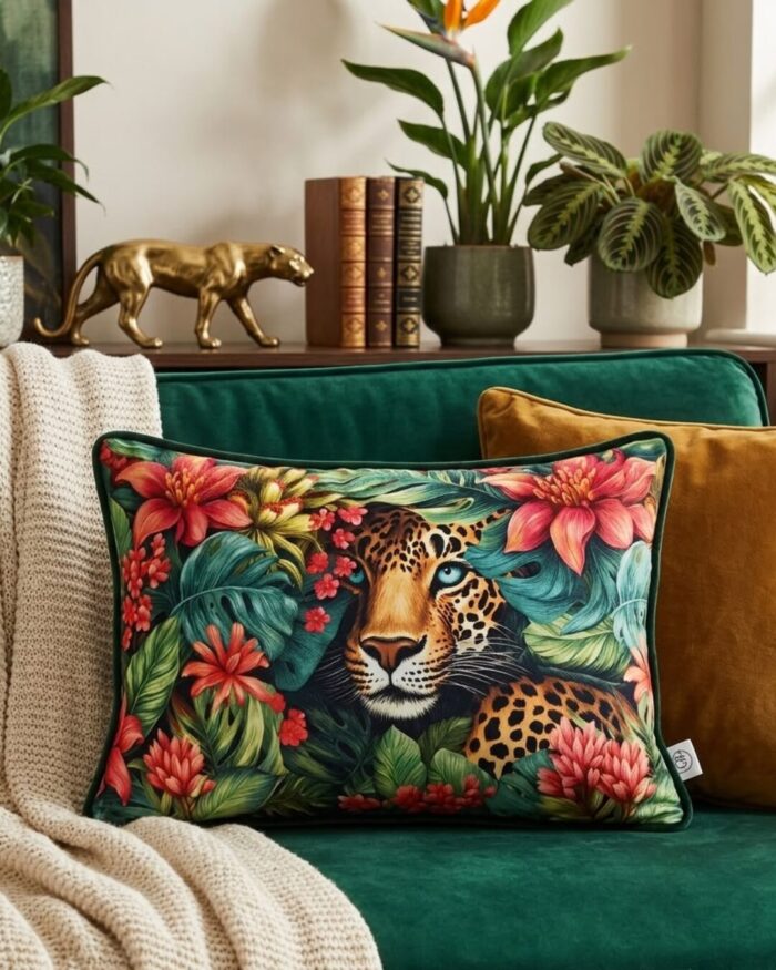 Exotic Leopard Botanical Velvet Decorative Cushion - Image 2