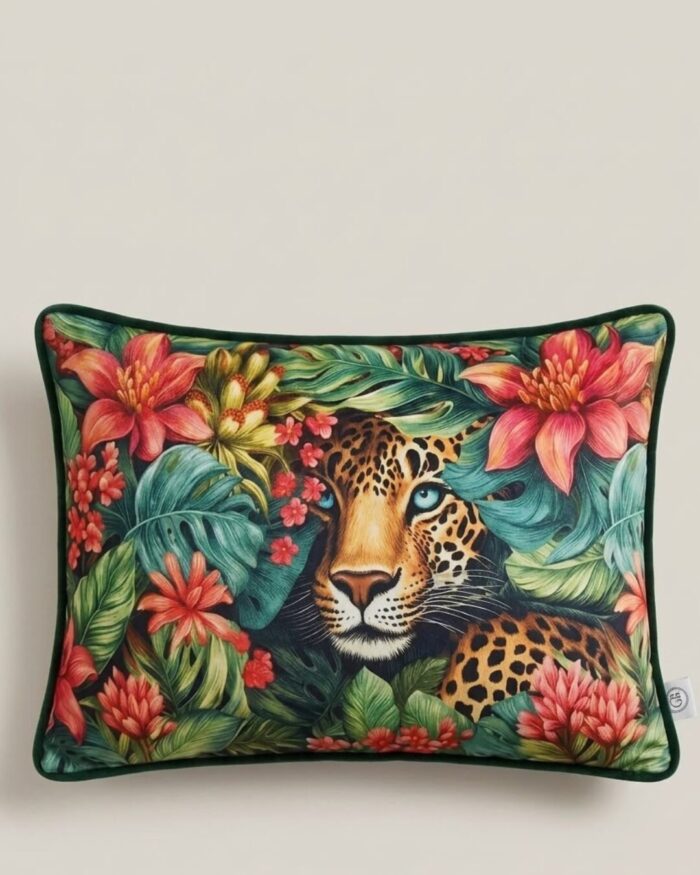 Exotic Leopard Botanical Velvet Decorative Cushion - Image 1
