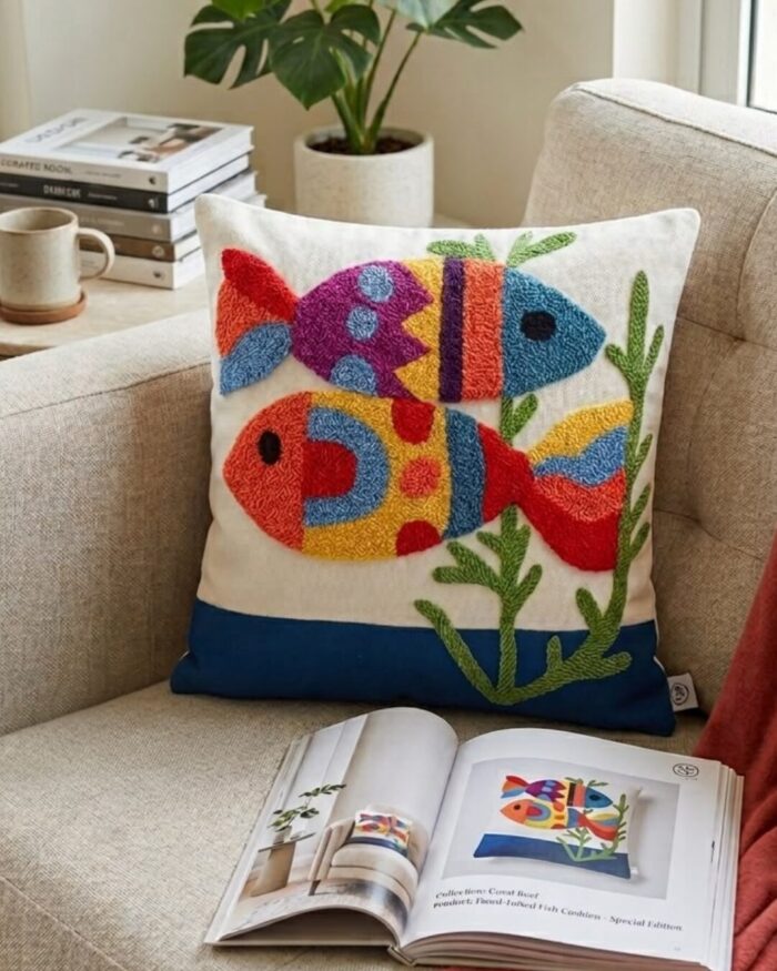 Colorful Coral Reef Artisan Hand Tufted Fish Cushion - Image 1