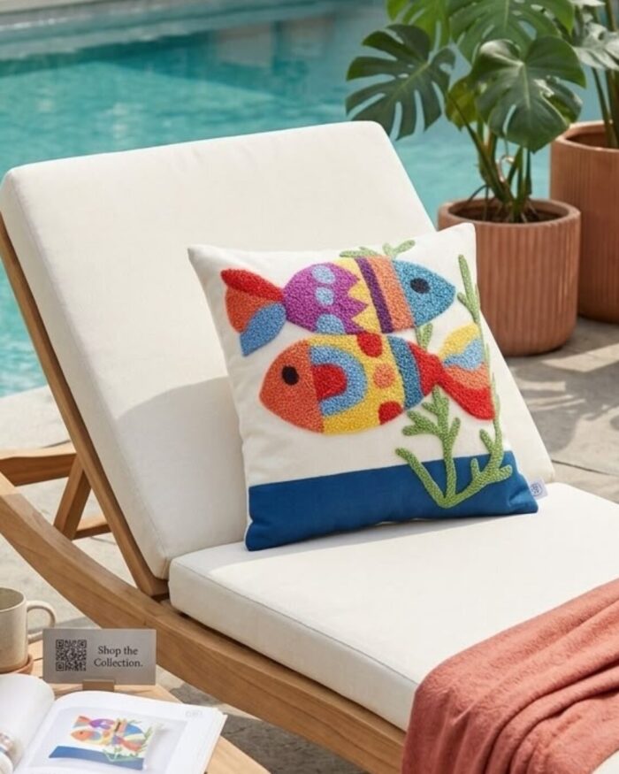 Colorful Coral Reef Artisan Hand Tufted Fish Cushion - Image 2