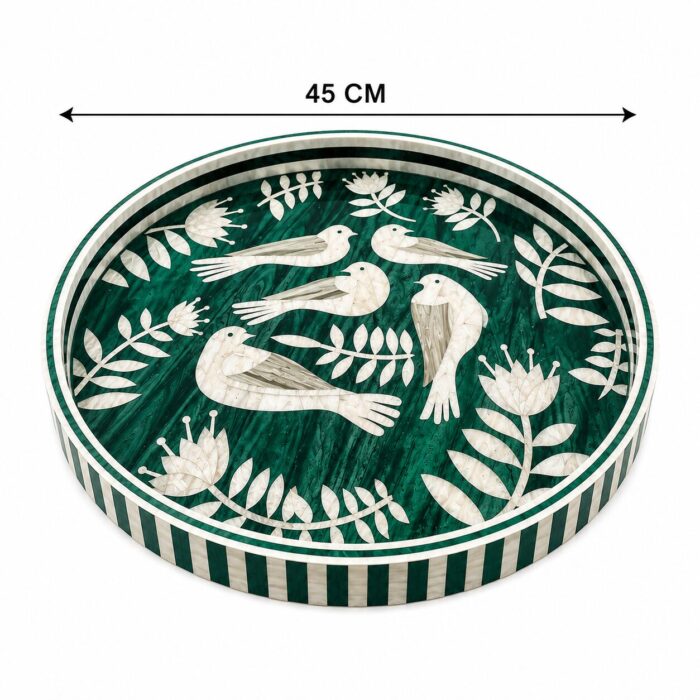 Emerald Songbird Mother-of-Pearl Round Wooden Serving Tray – 45 cm - Image 2