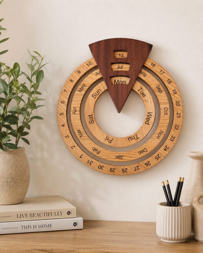 Handmade Natural Wood Perpetual Wall Calendar | Wooden Rotating Date, Day & Month Display | Modern Home & Office Decor - Image 1