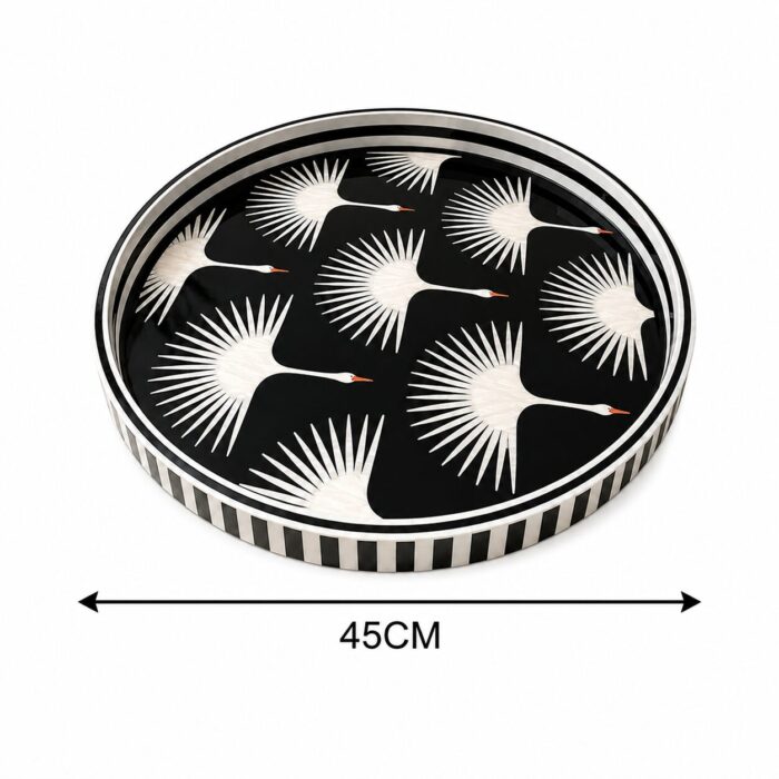 Handmade Mother of Pearl Round Serving Tray with White Crane Design | Luxury Black Decorative Ottoman & Coffee Table Tray - Image 2