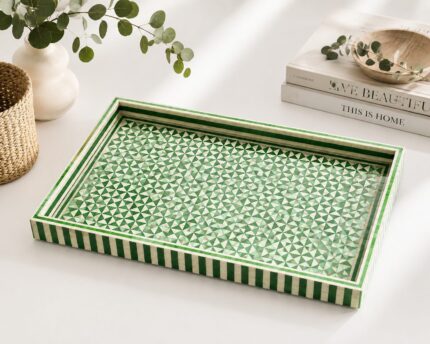Green Geometric Mother of Pearl Rectangular Serving Tray