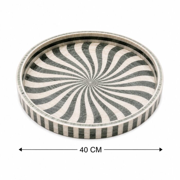 Handcrafted Round Mother of Pearl Serving Tray – Black & White Swirl Decorative Tray for Coffee Table & Home Décor - Image 3