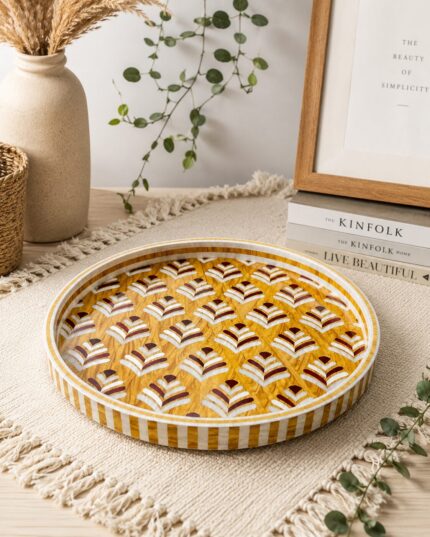 Golden Palm Pattern Mother of Pearl Round Serving Tray|45 cm