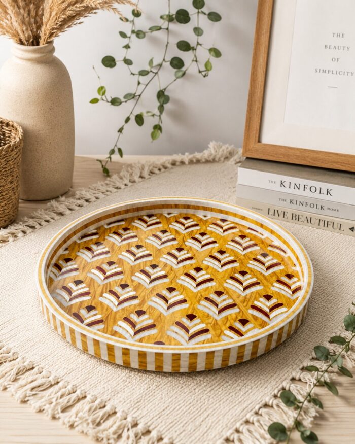 Golden Palm Pattern Mother of Pearl Round Serving Tray|45 cm - Image 1