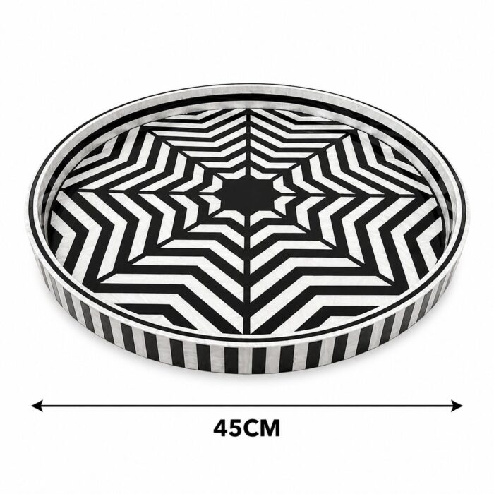 Handmade Mother of Pearl Round Serving Tray | Black & White Decorative Ottoman Tray | Luxury Coffee Table Tray - Image 2