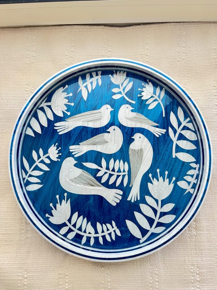 Azure Songbirds Mother-of-Pearl Round Wooden Serving Tray – 45 cm - Image 2