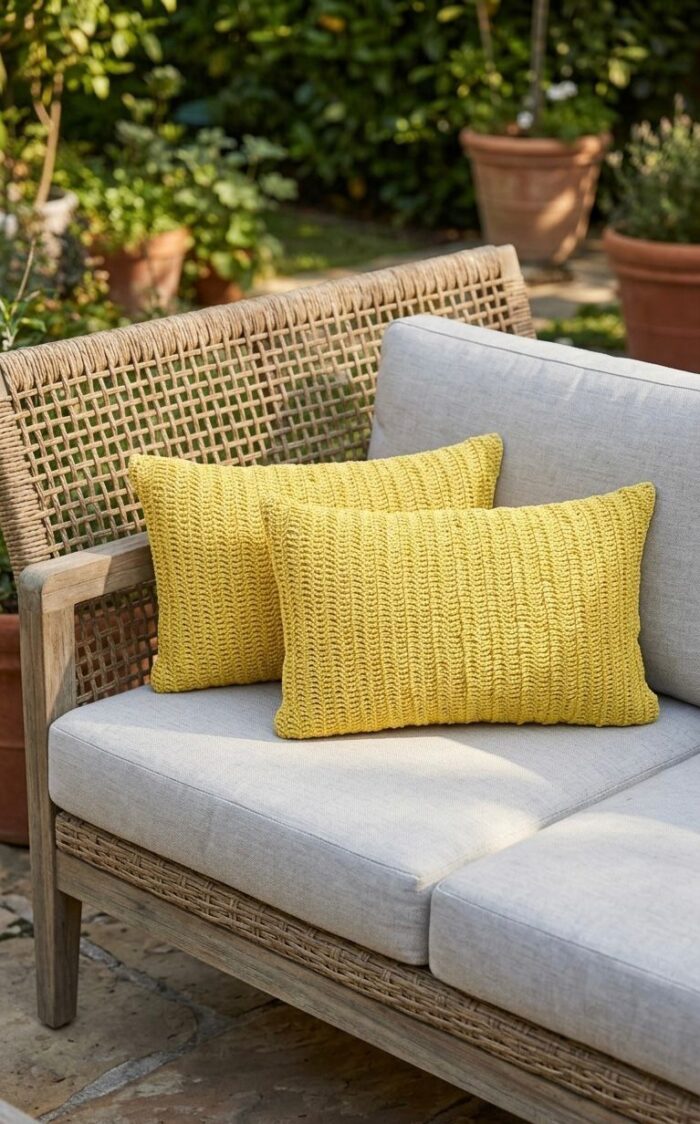 Handwoven Natural Raffia Lumbar Cushion – Mustard Yellow Decorative Throw Pillow - Image 1