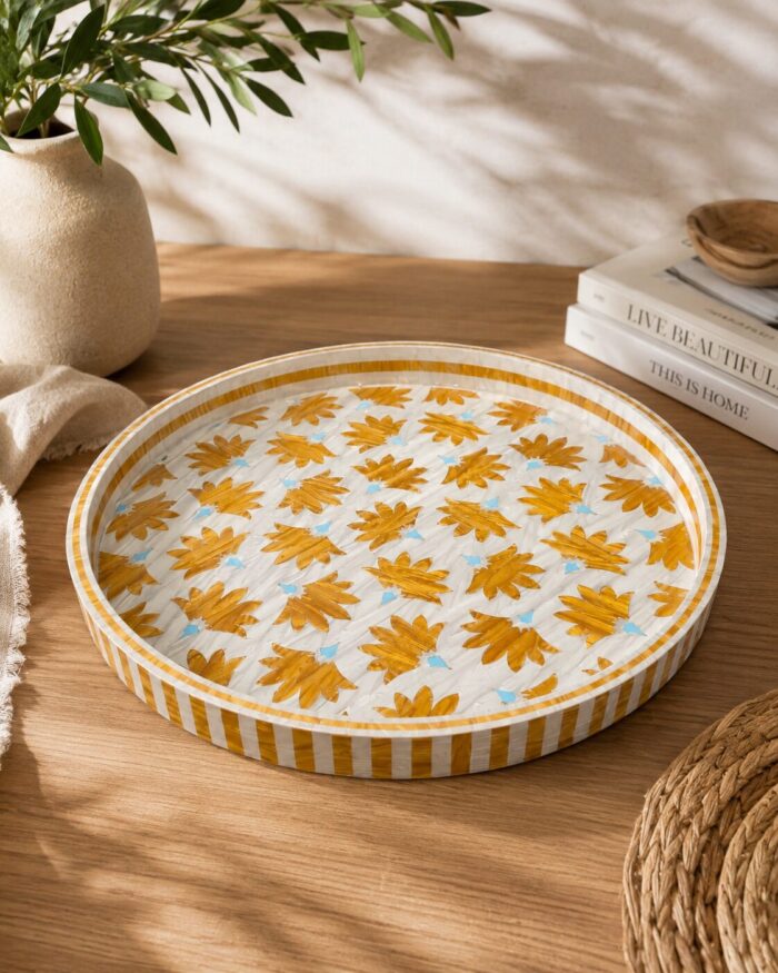 Handcrafted Floral Round Decorative Serving Tray – White & Gold Accent Tray - Image 1
