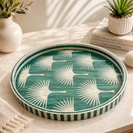 Emerald Crane Round Serving Tray – 45 cm