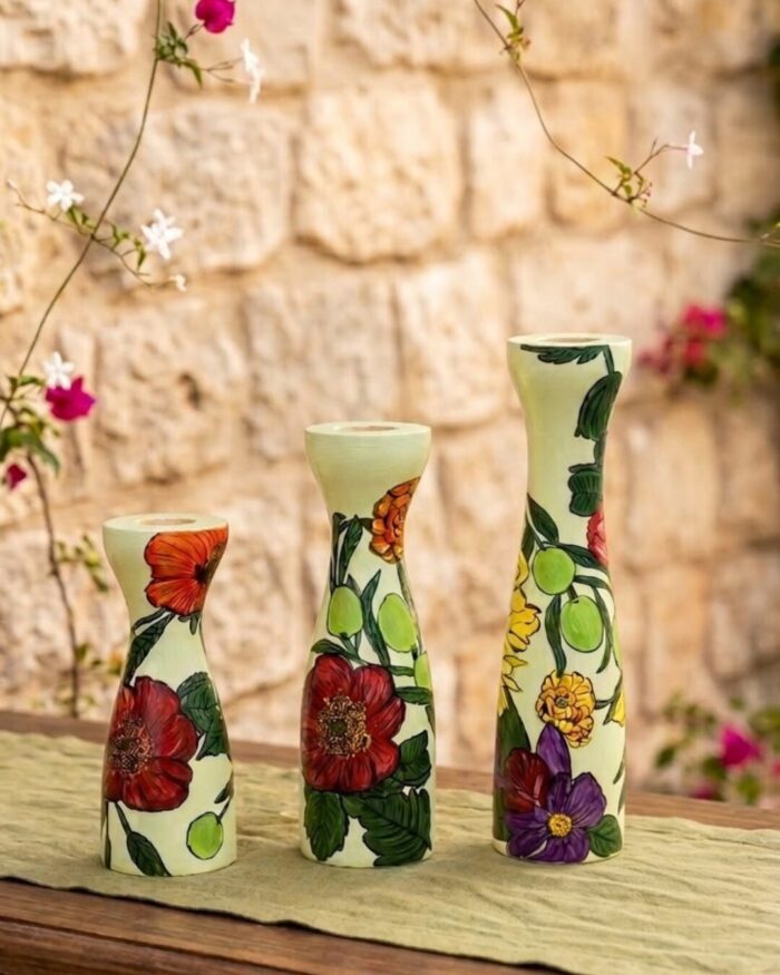 Wildflower and Vine Hand-painted Wooden Candle Holders - Image 2