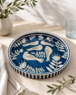 Azure Songbirds Mother-of-Pearl Round Wooden Serving Tray – 45 cm