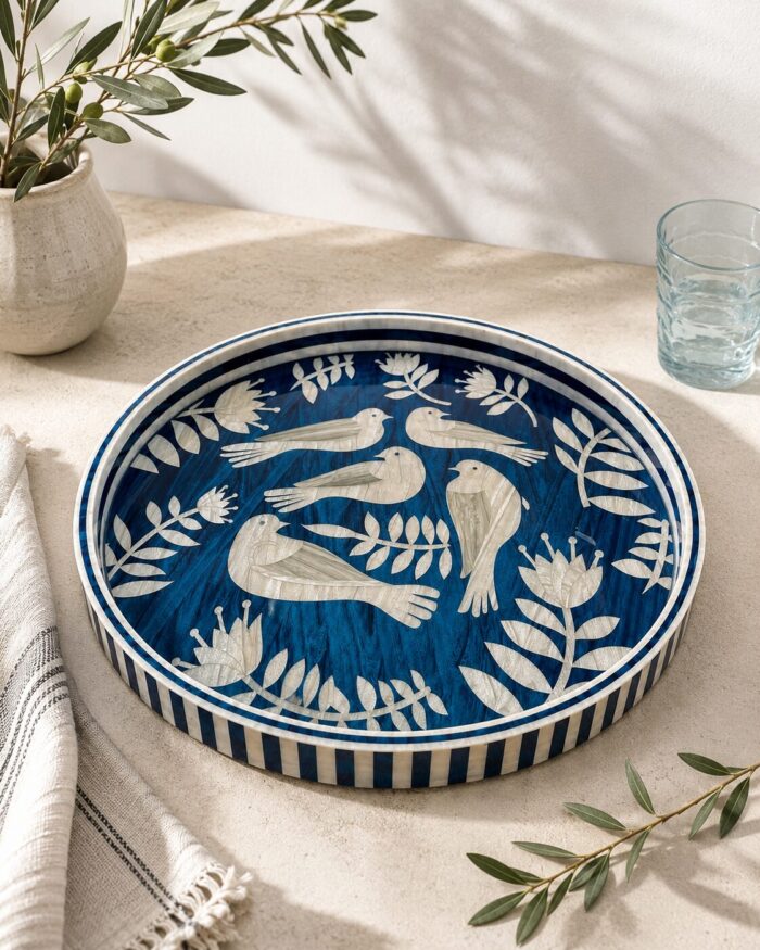 Azure Songbirds Mother-of-Pearl Round Wooden Serving Tray – 45 cm - Image 1